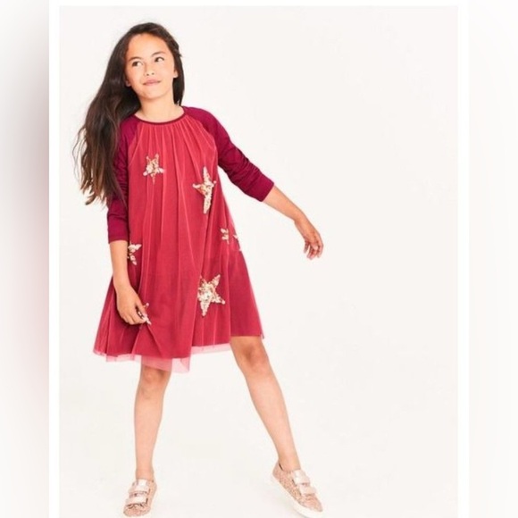 MINI BODEN Girls Sparkle Overlay Star Red Tulle Dress 4-5Y